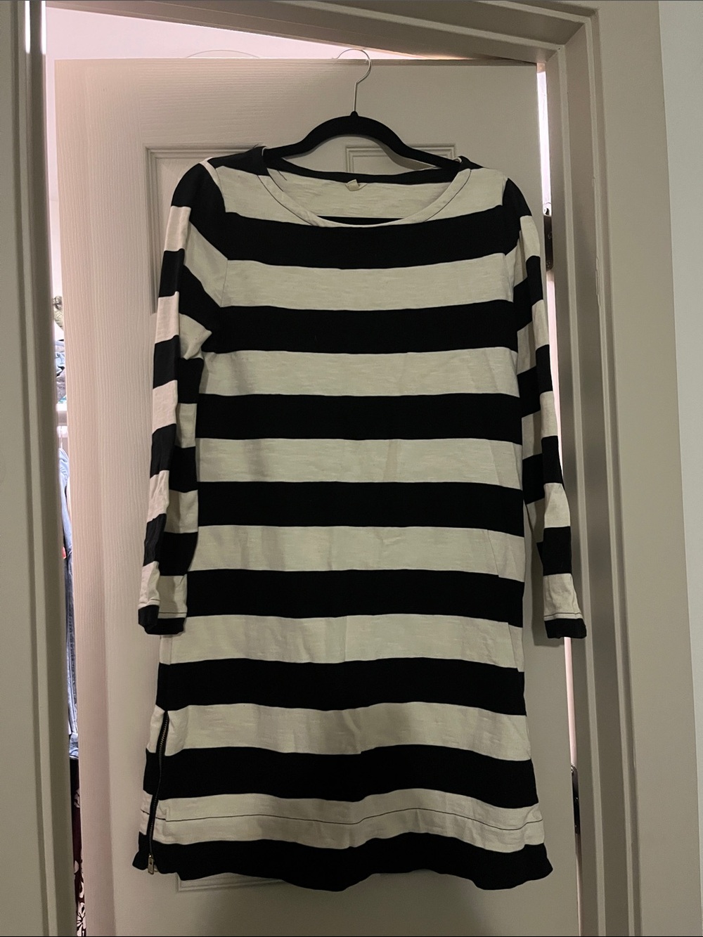 J. Crew Black and White Striped Long Sleeve Dress